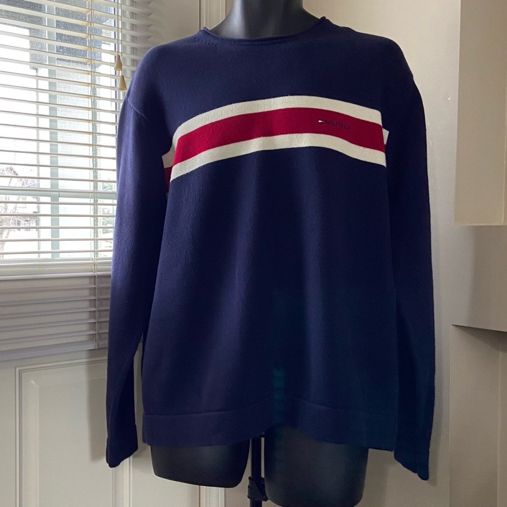Tommy Hilfiger men blue, red, white 100% cotton, crew neck sweater. Size L. Used